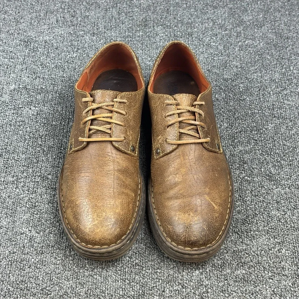Men Shoes Size 9M EU 42 Dark Brown Distressed Leather Oxford Plain Toe Lace Up